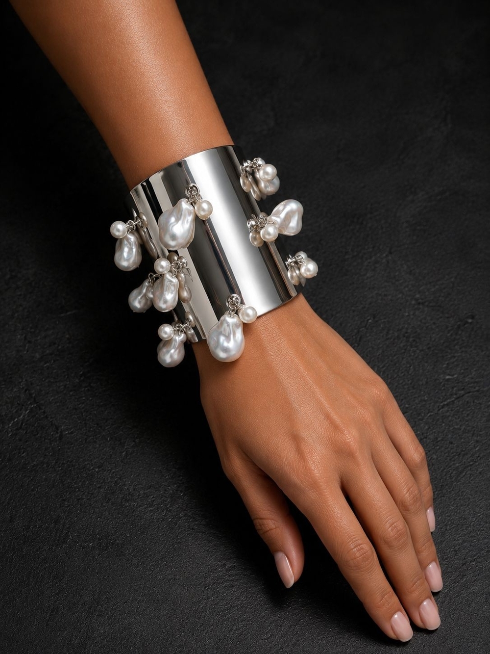 Silver Cuff with White Pearl Drops